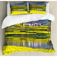 thumbnail image 1 of Yellow Flower Queen Size Duvet Cover Set, Rural Spring Scenery in Northern Shaanxi China Blossoming Farmland, Decorative 3 Piece Bedding Set with 2 Pillow Shams, Yellow Hunter Green, by Ambesonne, 1 of 3