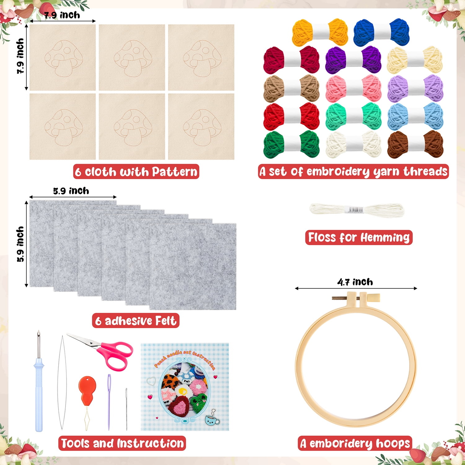Belanttega Mushroom Theme DIY Punch Needle Coaster Kit - Create 6 Colorful Mushroom Coasters, Complete 22-Piece Craft Set with Hoop, Fabric, Yarn & Tools for Beginners Home Decor Gift