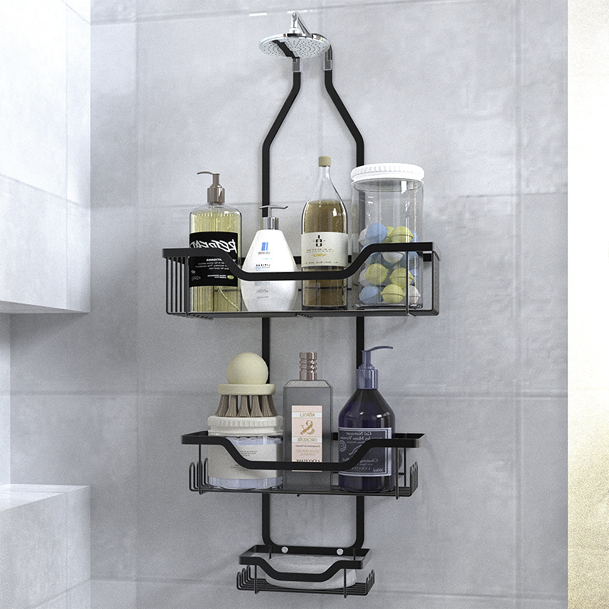 Over the Shower Head Shower Organizer, Hanging Bathroom Storage Rack with 12 Hooks, Shower Caddy with Toothbrush Holder