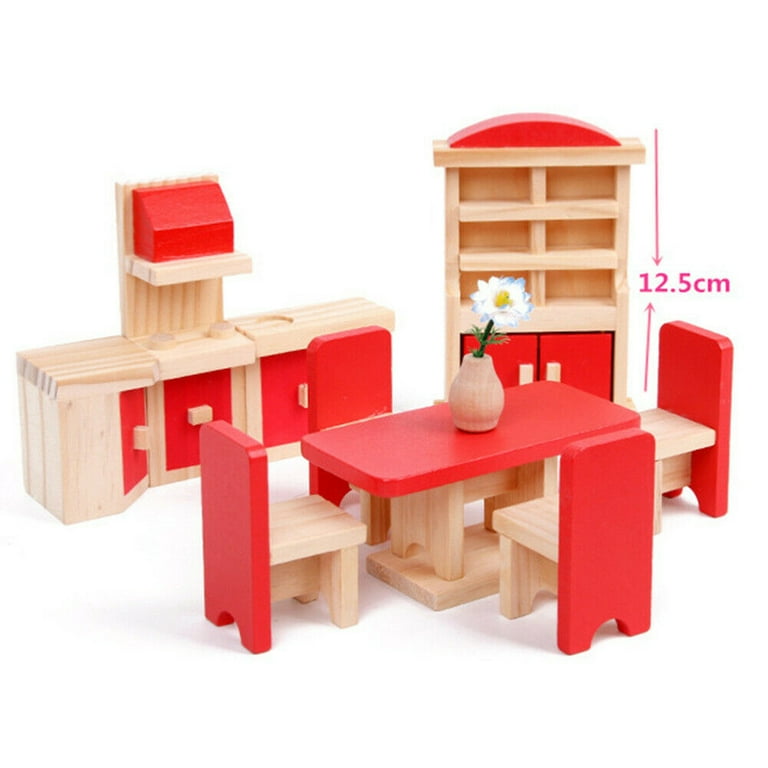 SOKA Wooden Pink Bedroom Playset Pretend Play Doll House Furniture Set Realistic Miniature Display Model Figures Bed Wardrobe Dressing Table Crib For Kids Girls Ages 3 Year Old