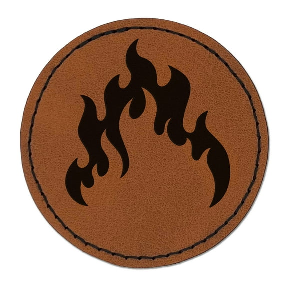 Fire Flame Burning 2.5" Faux Leather Round Engraved Iron-On Patch - Brown