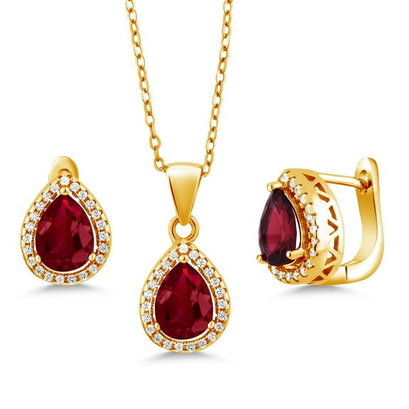 Gem Stone King 6.50 Ct Pear Shape Red Created Ruby 18K Yellow Gold Plated Silver Pendant and Earrings Jewelry Set