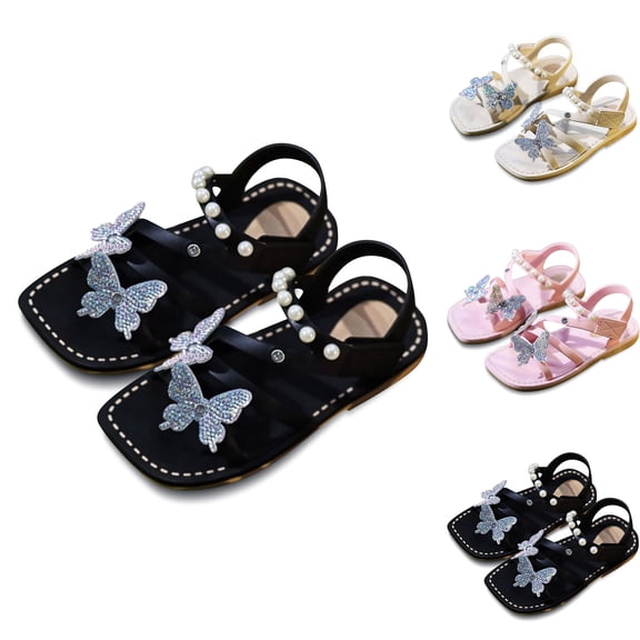 Sandals for Girls Sparkly Rhinestone Butterfly Sandals Pearal Beaded Gladiator Sandals Open Toe Strappy Dress Flats Sandals Summer Flat Slides Cute Girls Sandals (Black 12.5)