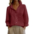thumbnail image 2 of Endives Women's Button Down Shirt Floral Collar Embroidery Blouse Ruffled V Neck Long Puff Sleeve Casual Womens Tops Spring Outfit Summer Red, 2 of 5