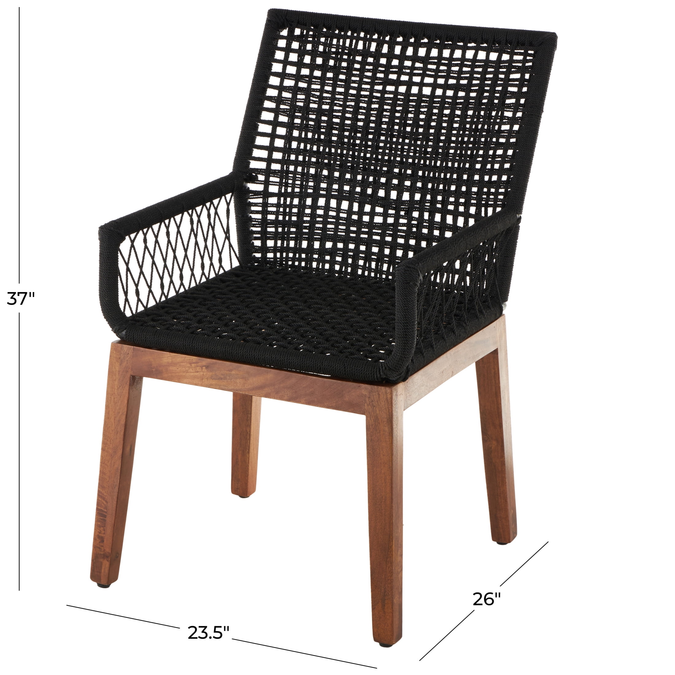 DecMode Jute Rope Handmade Woven Lounge Chair with Brown Wooden Legs, Black