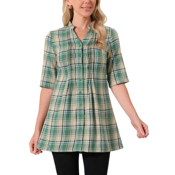 INSPIRAR CHIC Camisas de cuadros vintage de mujer con botones, escote en V, manga 3/4, blusa tunic casual XL verde