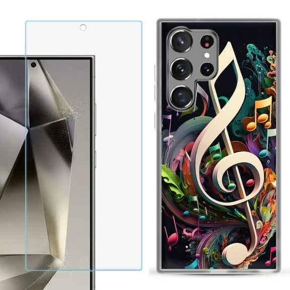 OneToughShield ® Compatible with Samsung Galaxy S24 Ultra, Shockproof Phone Case, with Tempered Glass Screen Protector - Music Notes Colorful