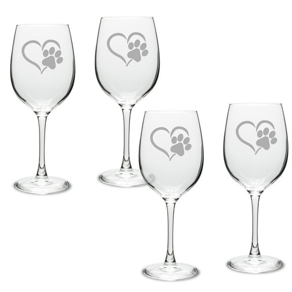 Paw Print Heart Deep Etched Classic Wine Glass Set of 4
