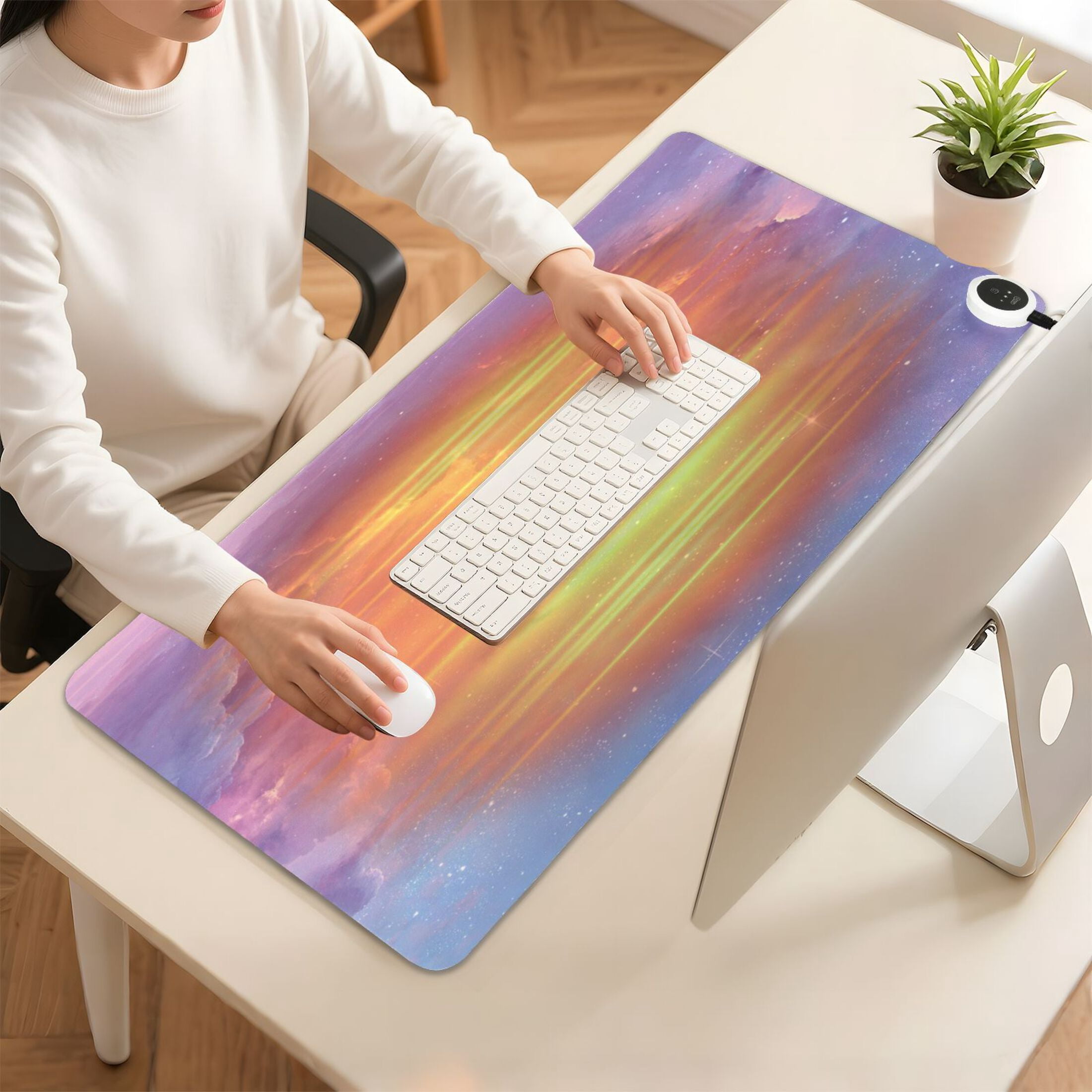 Large Heated Desk Mat Mouse Pad 31.5"x13"PU Leather Graphene Heating Desk Warmer with 3 Temperature Settings 110V US Plug Non-Slip Warm Pad for Home, Office, and Gaming Cotton Candy Dawn Sky