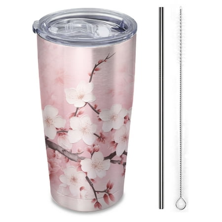 

delicate pink background with cherry blossoms Insulated 20 oz Stainless Steel Travel Tumbler Reusable Straw & Brush Hot & Cold Drinkware for Car Office Outdoor