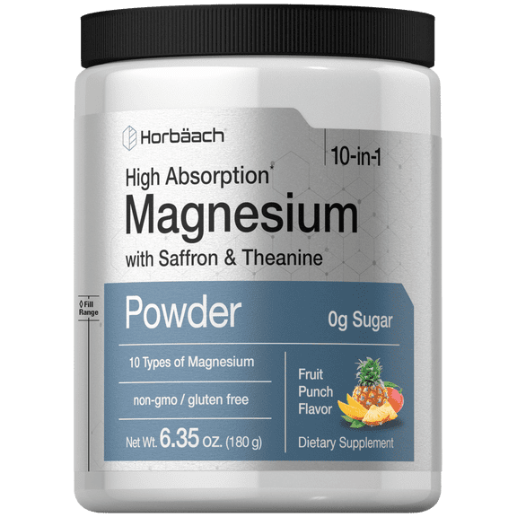 Magnesium with Saffron & Theanine | 6.35 oz | Fruit Punch Flavor | High Absorption | 10 in 1 | by Horbäach