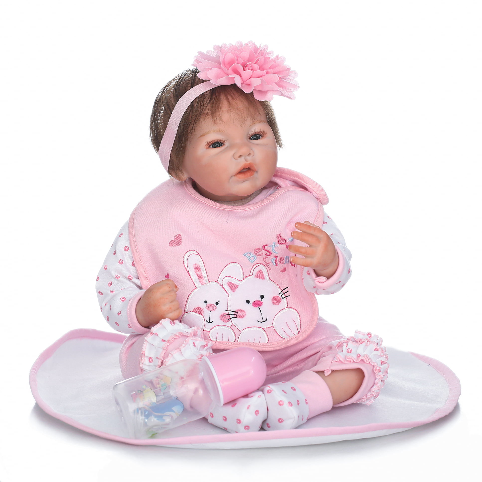NPK Collection Reborn Soft Silicone Real Baby Doll 22inch 55cm Magnetic Mouth Lifelike Newborn Kids Doll Pink Dress Children's Day Valentine's Day Present