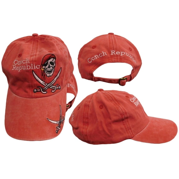 Jolly Roger Pirate Conch Republic Red Washed Embroidered Baseball Hat Cap