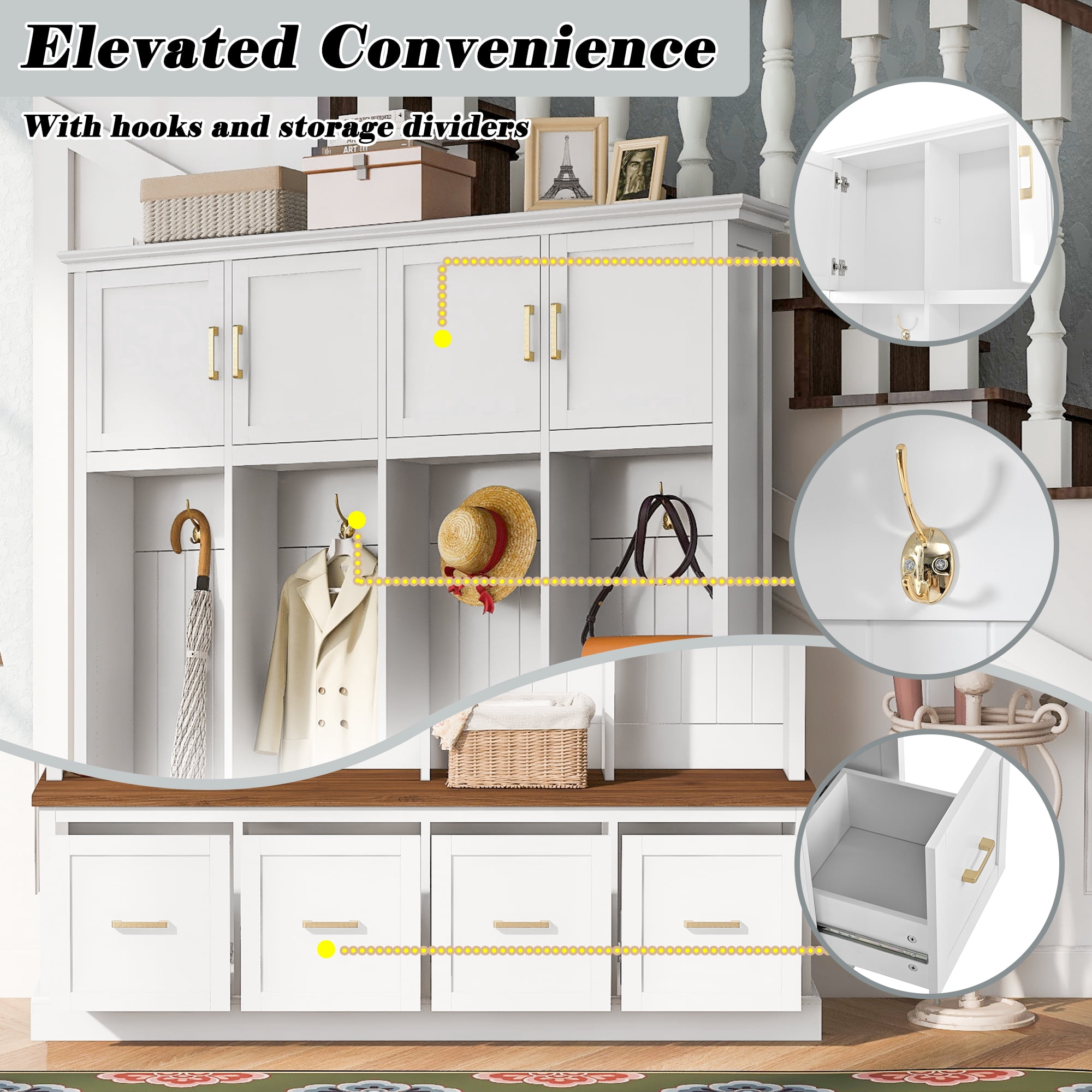 Howcool Farmhouse 59"W Hall Tree with 4 Hooks & Shoe Storage Bench,Entryway Organizer Mudroom Furniture with Upper Cabinets,Drawers,White