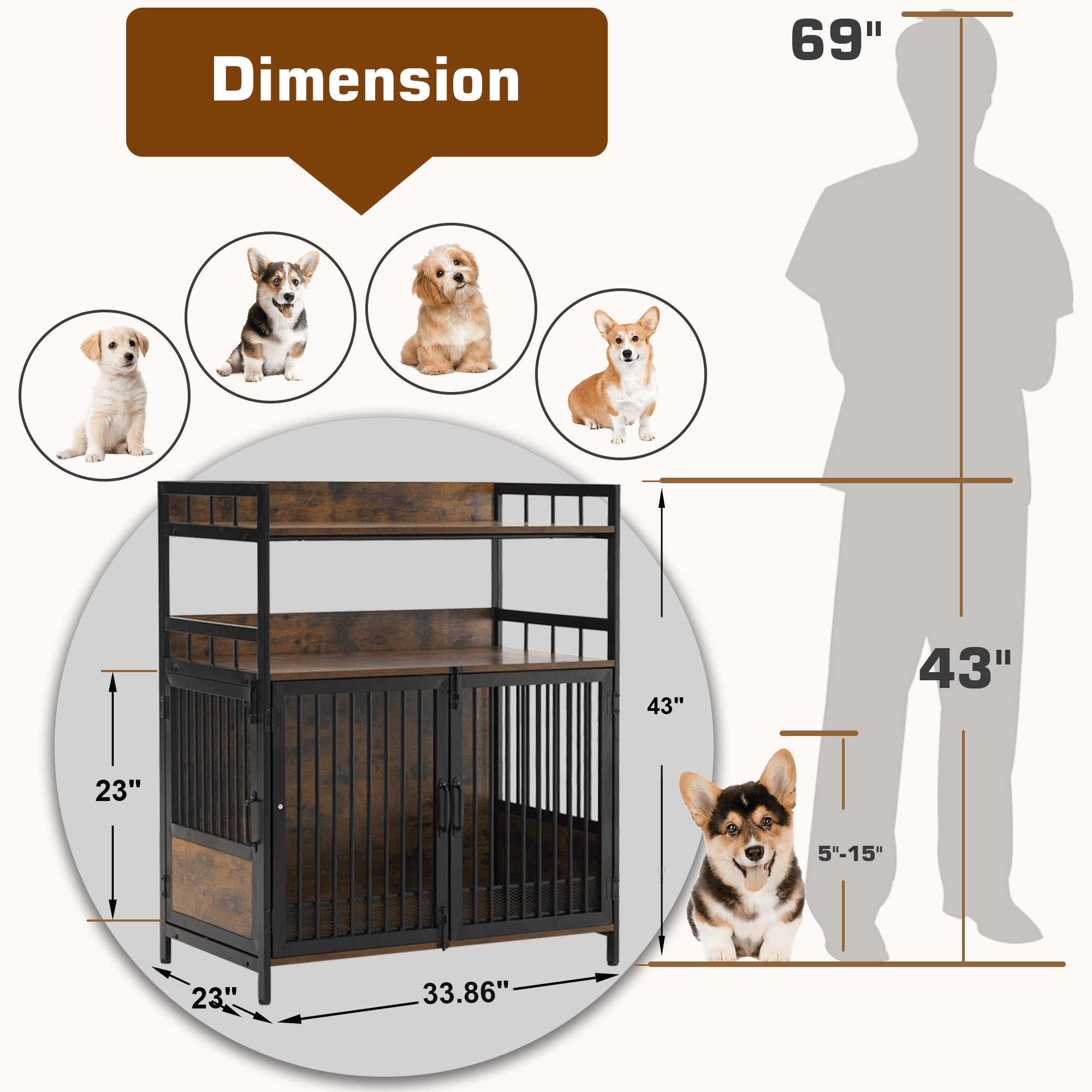 MCombo Furniture Style Dog Crate with Storage Shelves 1368(Brown)