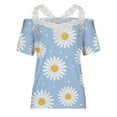 thumbnail image 4 of Summer Saving Wycnly Womens Tops Dressy Casual Short Sleeve V-Neck Daisy Print Summer Shirts Sexy Lace Trim Cold Shoulder Strap Tunic Blouse Light Blue M Clothes, 4 of 5
