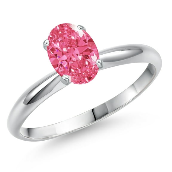 Gem Stone King 14K White Gold Fancy Pink Zirconia Solitaire Engagement Ring for Women | 0.76 Cttw | Oval 7X5MM | Gemstone Birthstone | Size 7