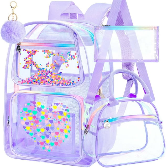 Mochila AGSDON Transparente Morada para Niñas 3 Piezas