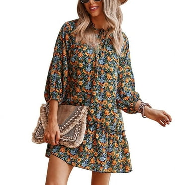 Floral Print V-Neck 3/4 Sleeve Flounced Hem Dress in Navy Blue for Women, Size L Rarida