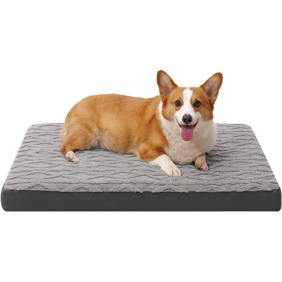 Orthopedic XL Dog Crate Bed - Waterproof Memory Foam Dog Mattress for Large Dogs, Plush Washable Cover & Non-Slip Bottom, Fits Kennels & Pet Crates, 41"x27" Grey