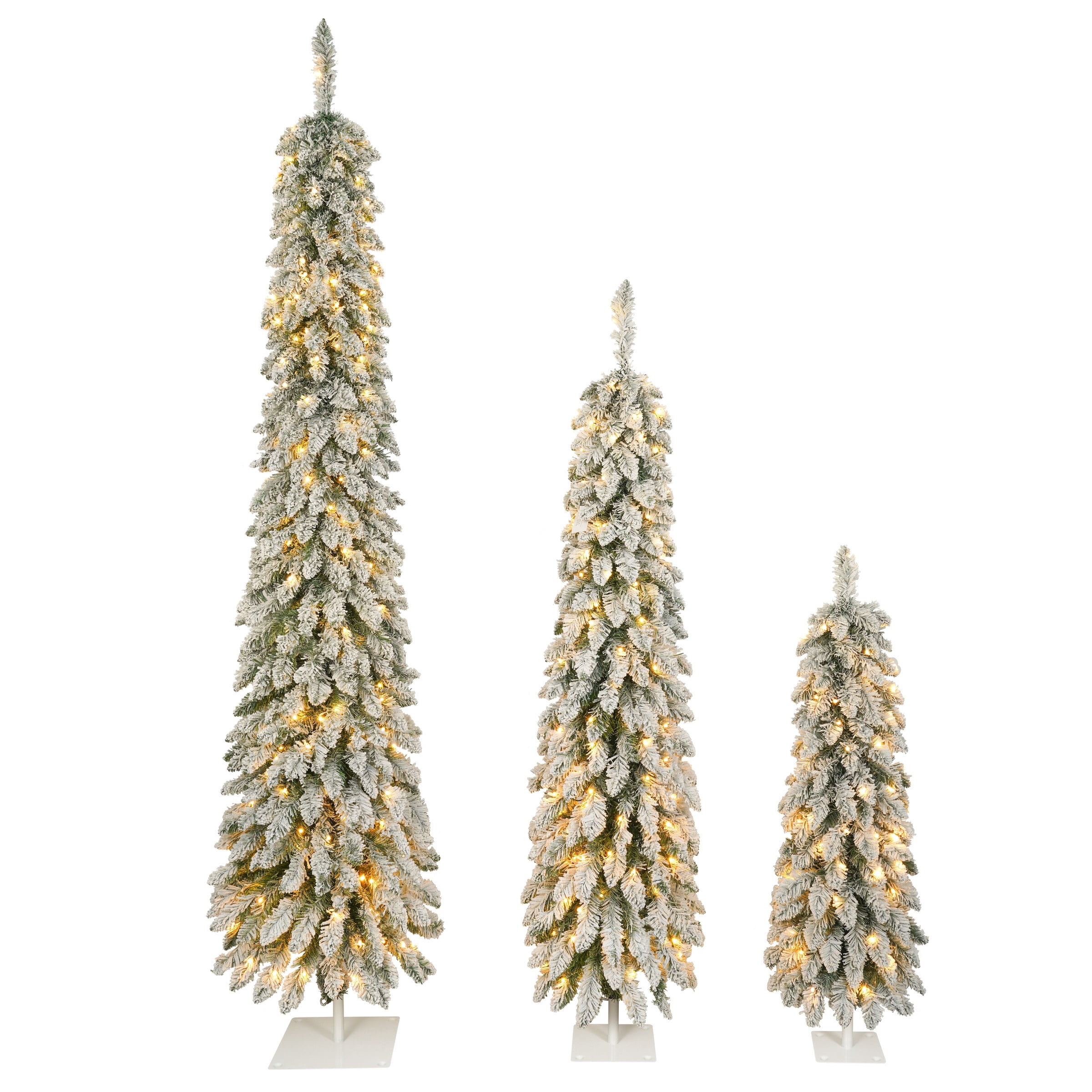 Set of 3 Snow Flocked Pre-Lit Pencil Christmas Tree, Slim Artificial Xmas Tree with Warm White LED Lights, Metal Base, Indoor Holiday Decor