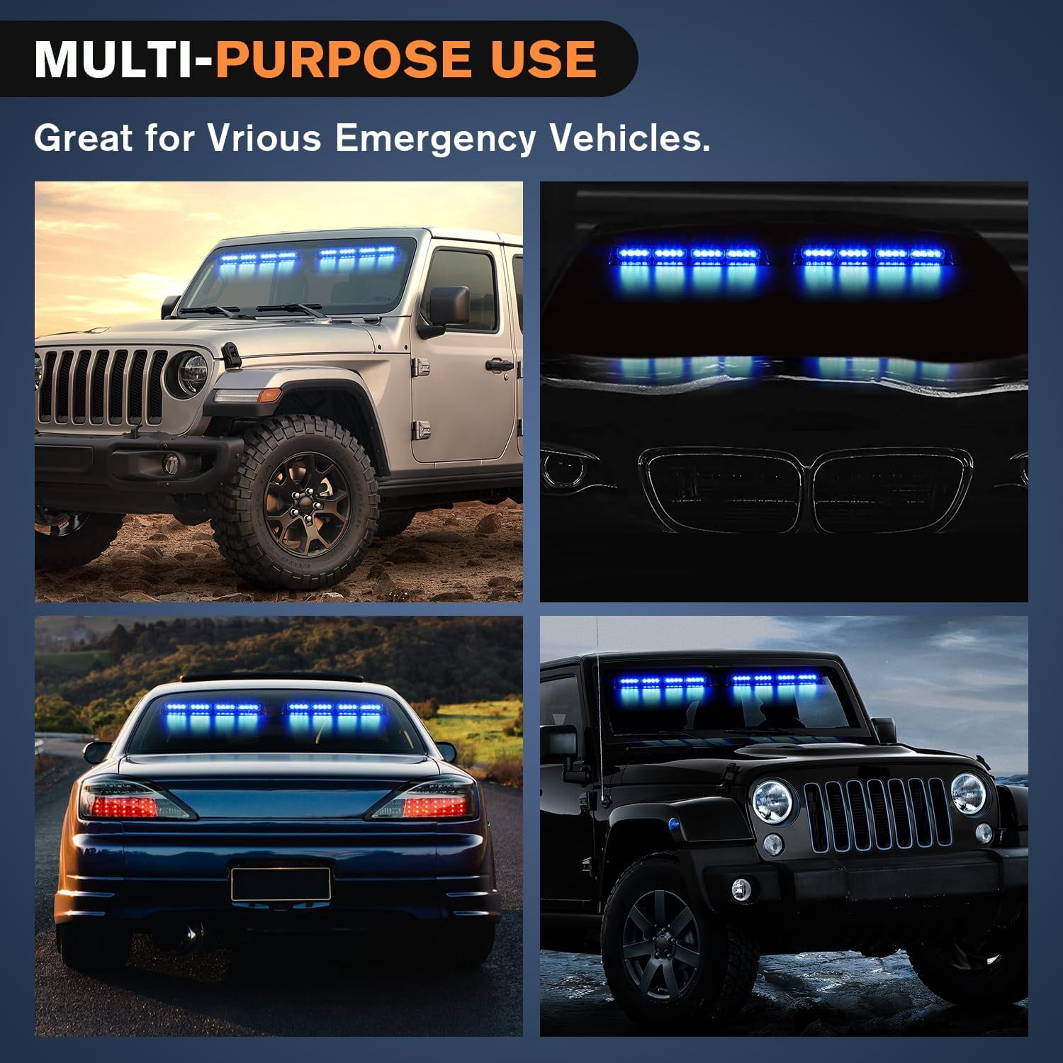 Nilight 32Led Blue  Strobe Lights with Controller Suction Cups Warning Hazard Interior Front/Rear Windshield Deck Split Light Bar for Trucks