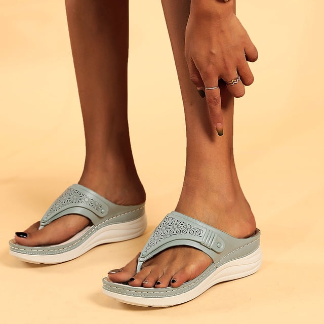 LSLJS Sandales à Bout Rond pour Femmes Mode Tongs Confortables à Talon Compensé Grande Taille, Chaussons pour Femmes