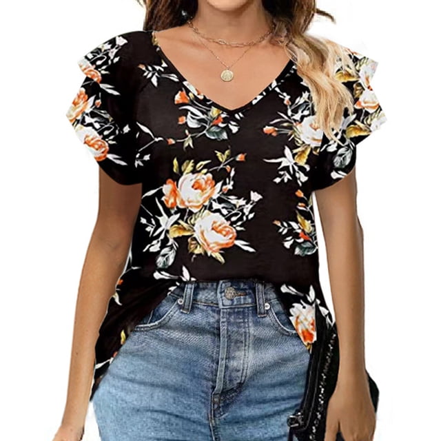 Blusa de manga con volantes Zhivalor Cuello en V Doble capa holgada Flor negra XXL