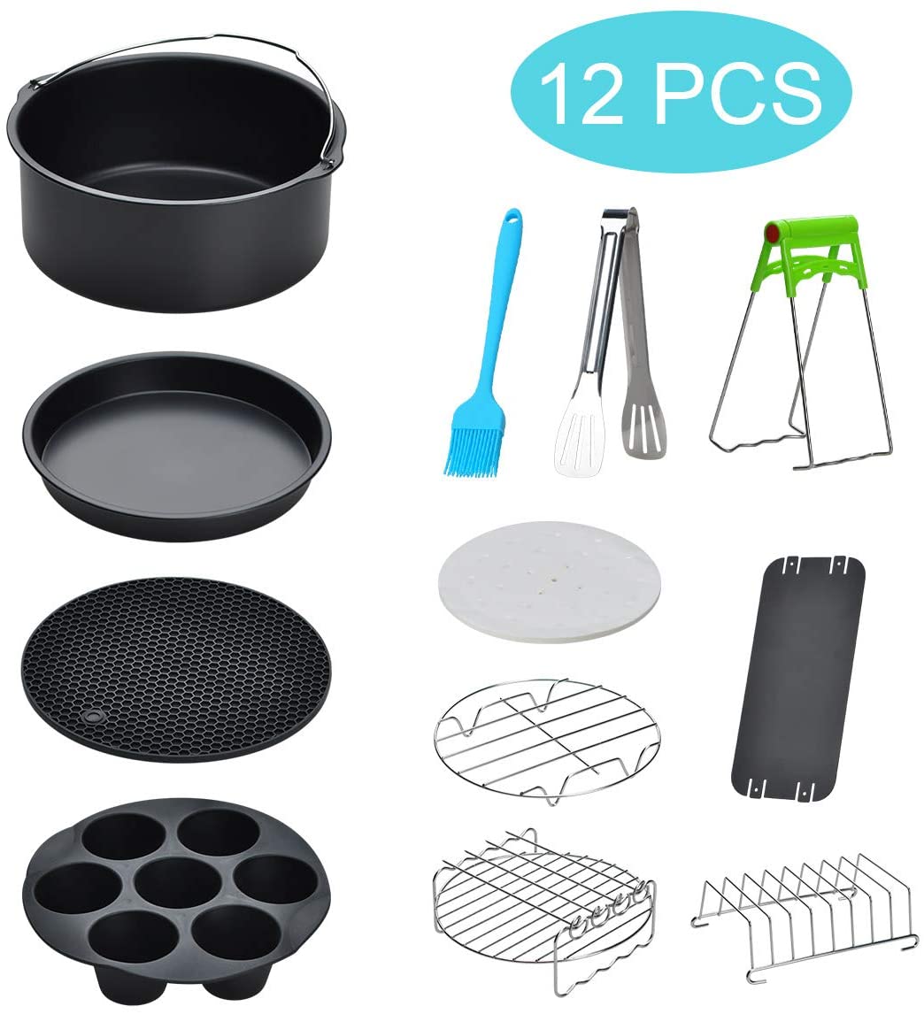 Pizza Pan,Skewer Rack,Patty paper 100pc CrownVirt Air Fryer Accessories Set of 12 Fit All 4.2Qt-5.8Qt Air Fryers,With 7 Inch Cake Pan .Non stick pot,Safe And Harmless,Can Put in Dishwasher -Black.