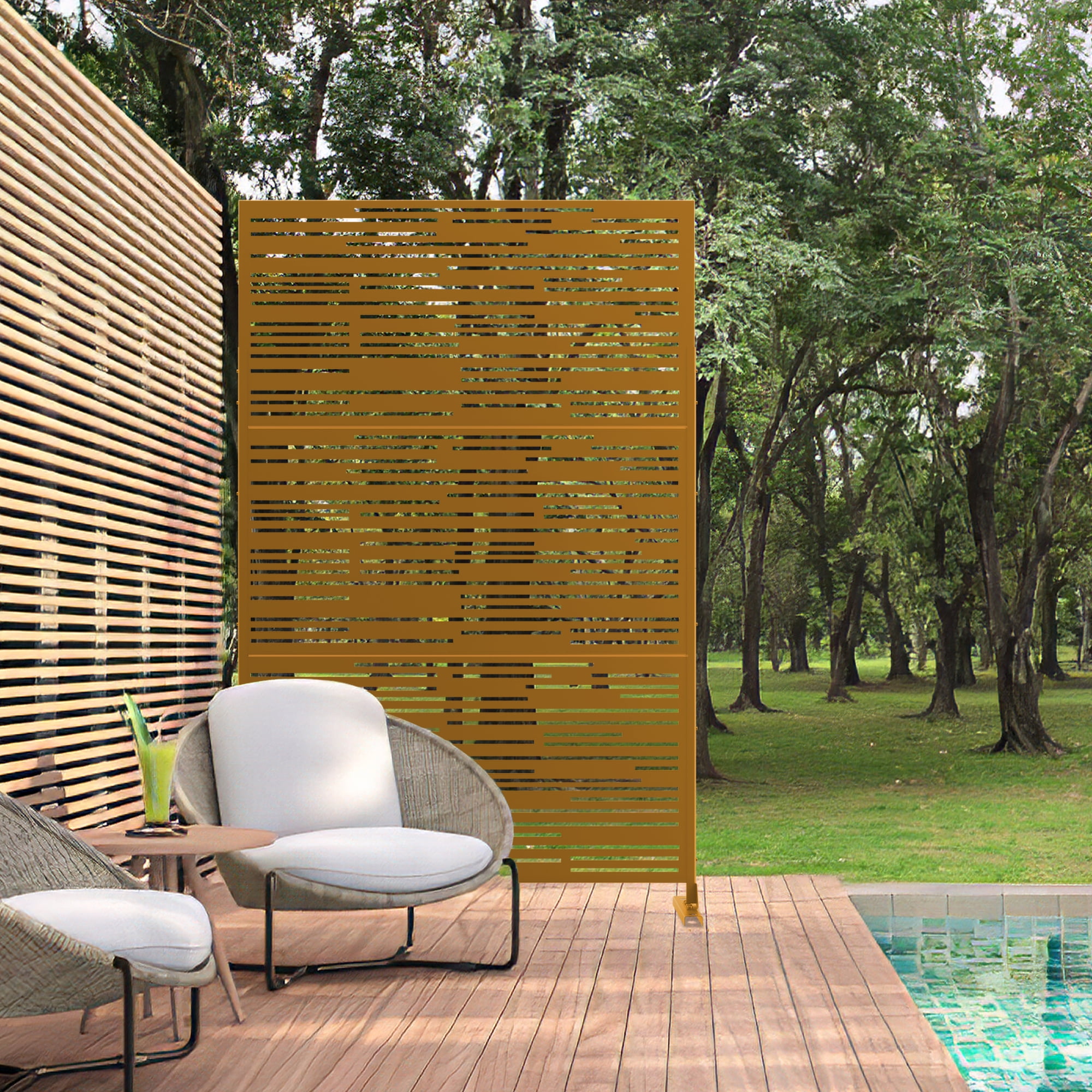 MAYEERTY 72×47" Outdoor Brown Metal Privacy Panel Screen for Backyard & Garden, Shadow Play Pattern