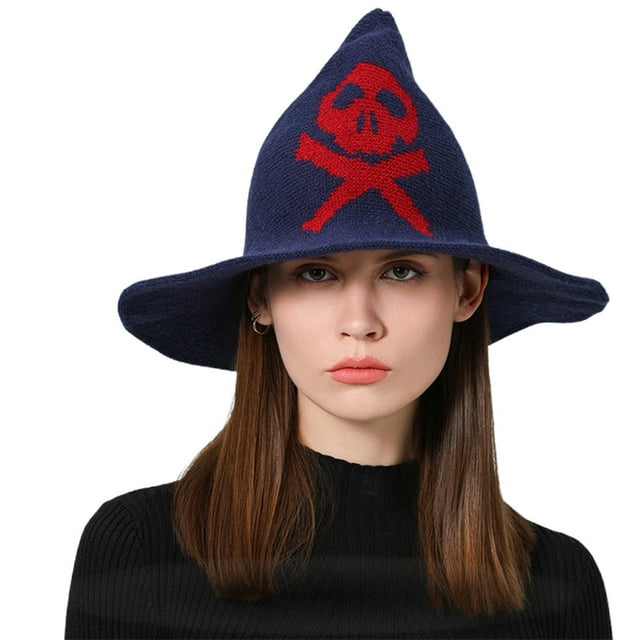GPOECD Witch Style Wool Knit Bucket Hat For Halloween Party And Daily Sun Navy,One Size