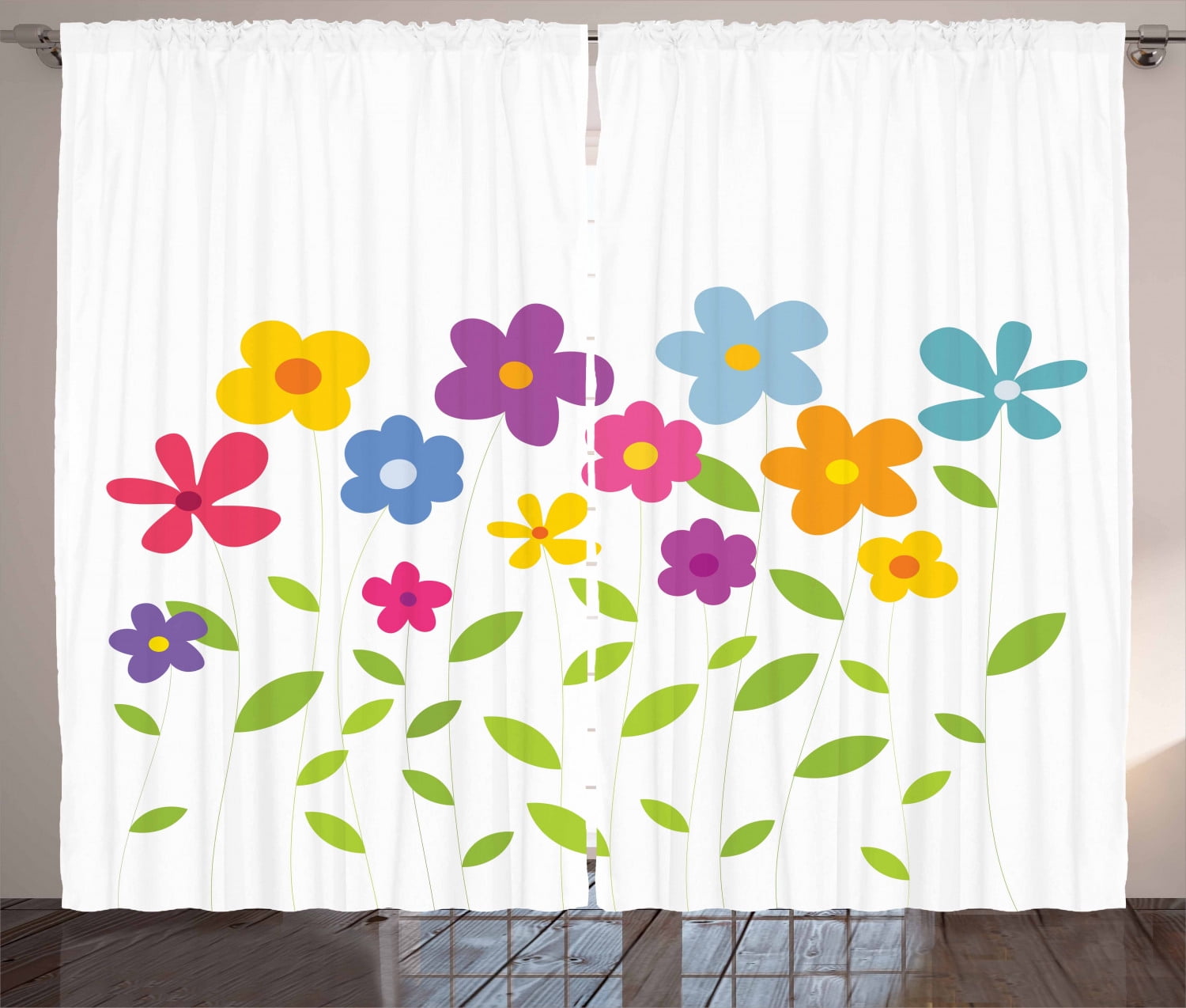 Green Flower Curtains 2 Panels Set, Colorful Abstract Cartoon Floral