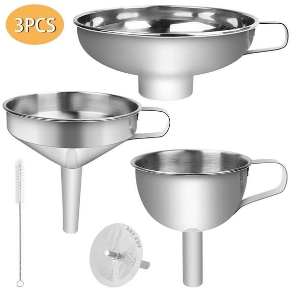Flantor Stainless Steel Canning Funnel & Funnel Set with Strainer for Kitchen, Silver - 3pcs