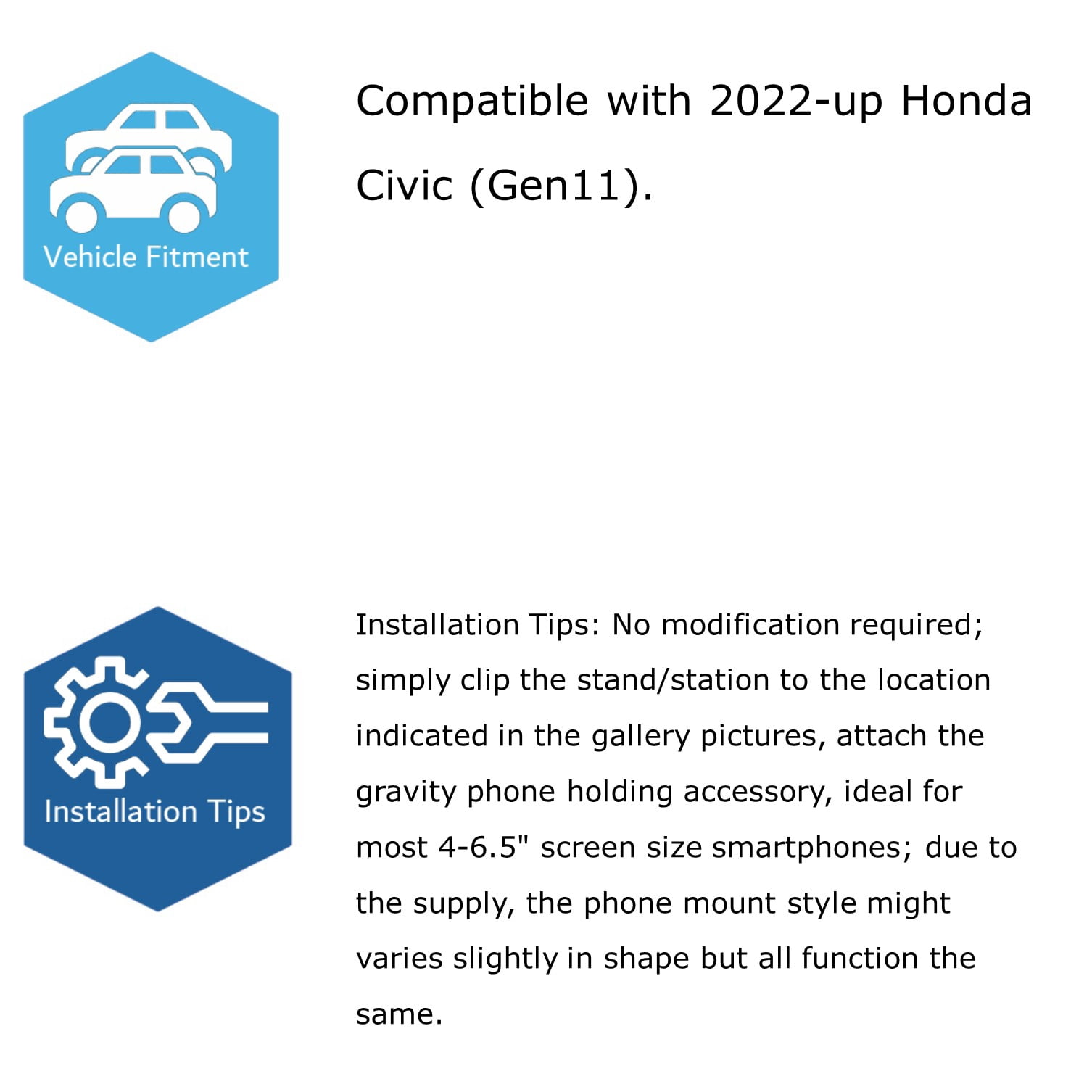 Smartphone Gravity Holder w/Exact Fit Clip-On Dashboard Mount For 2022-up Honda Civic (Won't Occupy Air Vent Opening)