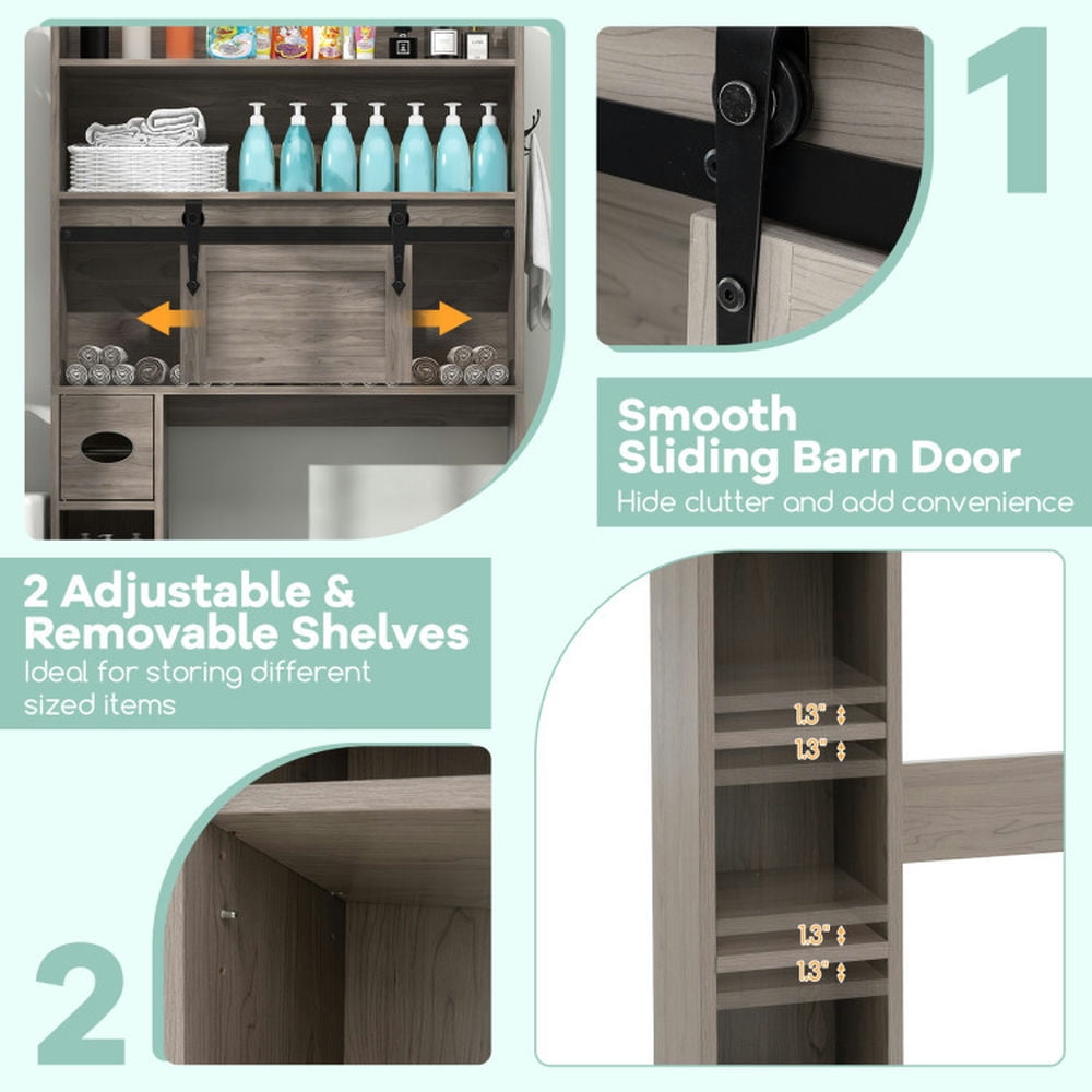 Finihen Toilet Storage Cabinet, Bathroom Cabinet Organizer, Over The Toilet Storage Cabinet with Sliding Barn Door and Adjustable Shelves, for Bathroom, Gray