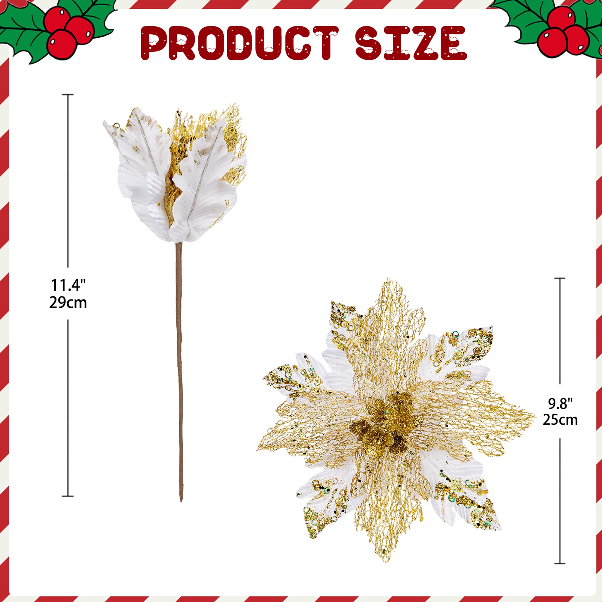 6PCS Poinsettias Christmas Tree Flowers 9.8'' Artificial Christmas Floral Picks and Sprays Large White Gold Silk Flowers with Stems for Xmas Home Vase Table Centerpiece Garland Decor