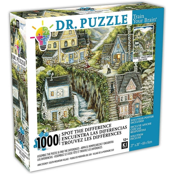 Dr Puzzle: Spot The Difference - South Mountain Village 1000 Piece Puzzle for Adults by Ann Stookey, 27x20 inch Jigsaw by KI Puzzles (AZ-02577)