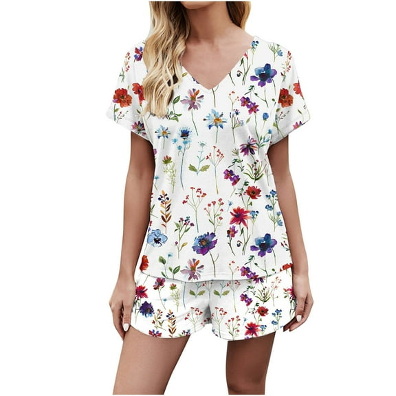 LYXSSBYX Womens Pajama Sets 2PC Women's V Neck Shorts Sleeve Two-piece Comfortable Home Pajamas Set Sports Set