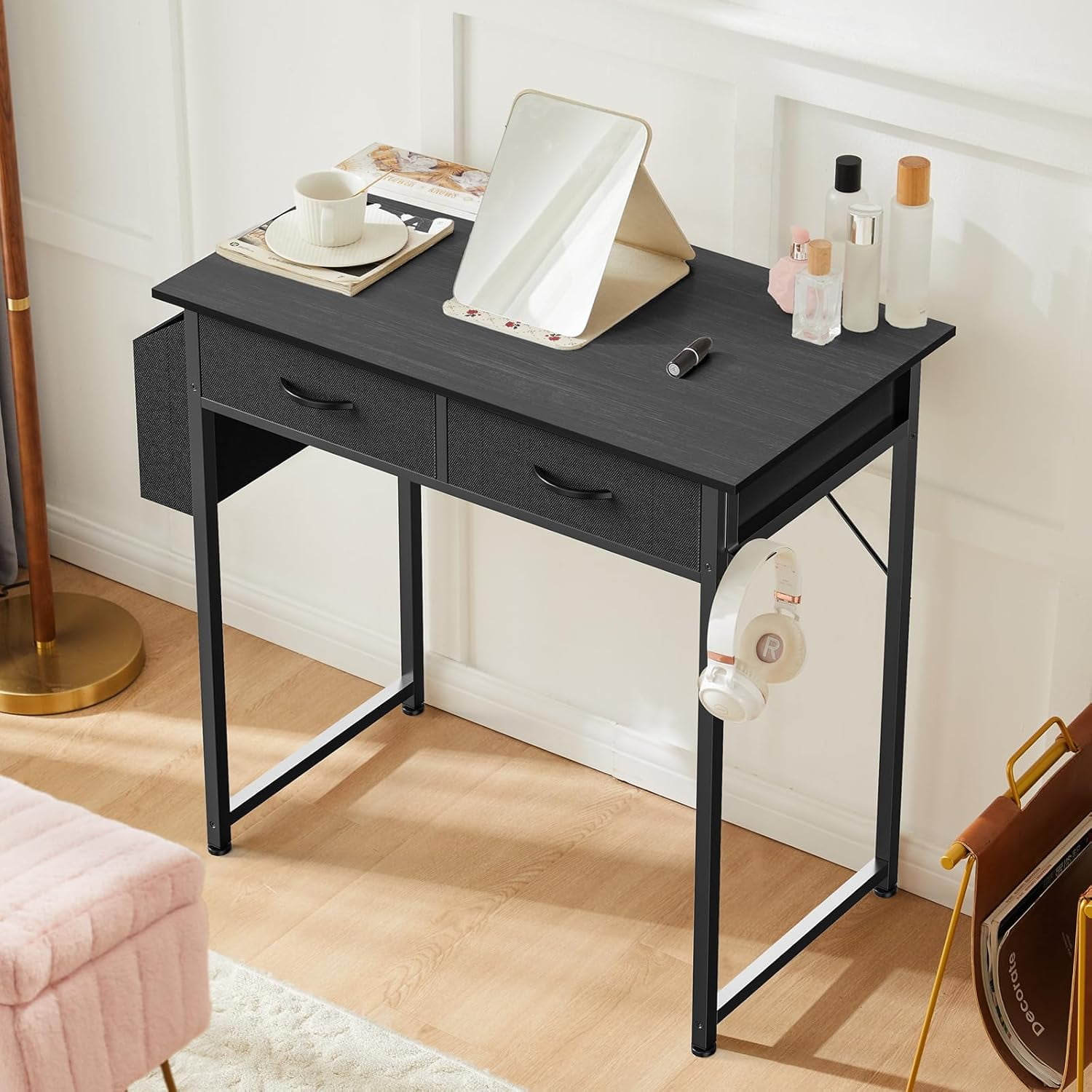 32 inch Small Desk with Drawers, Modern Study Writing Table Computer Desks with Storage Bag & Hook for Bedroom Home Office, Black