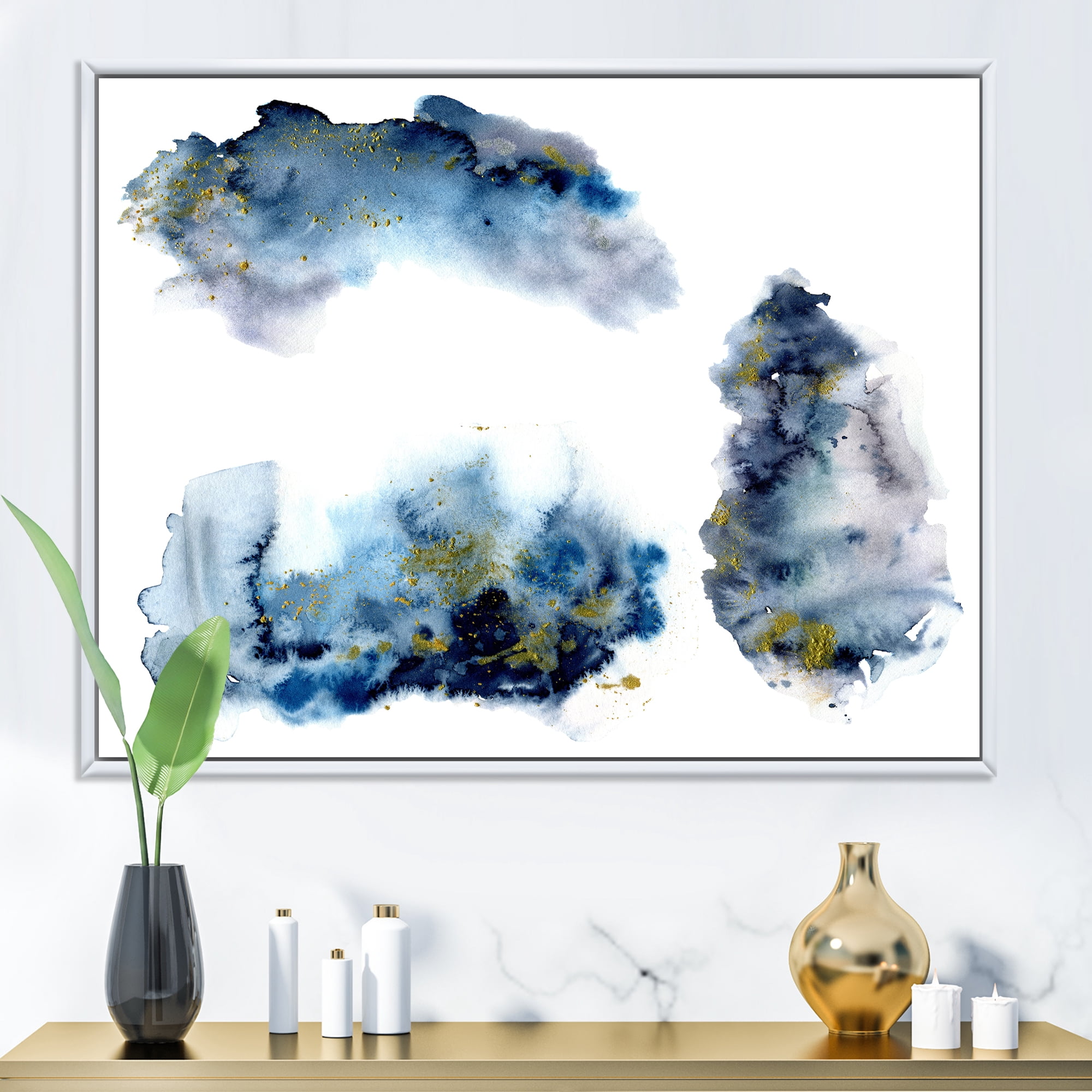 Gray and Blue Clouds With Golden Glitter 32 in x 24 in Framed Painting Canvas Art Print, by Designart