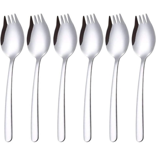 Sporks, paquete de 6 tenedores de acero inoxidable, cuchara para helado de 7 pulgadas y tenedores para ensalada, tenedores de postre reutilizables para aperitivos de frutas para uso diario