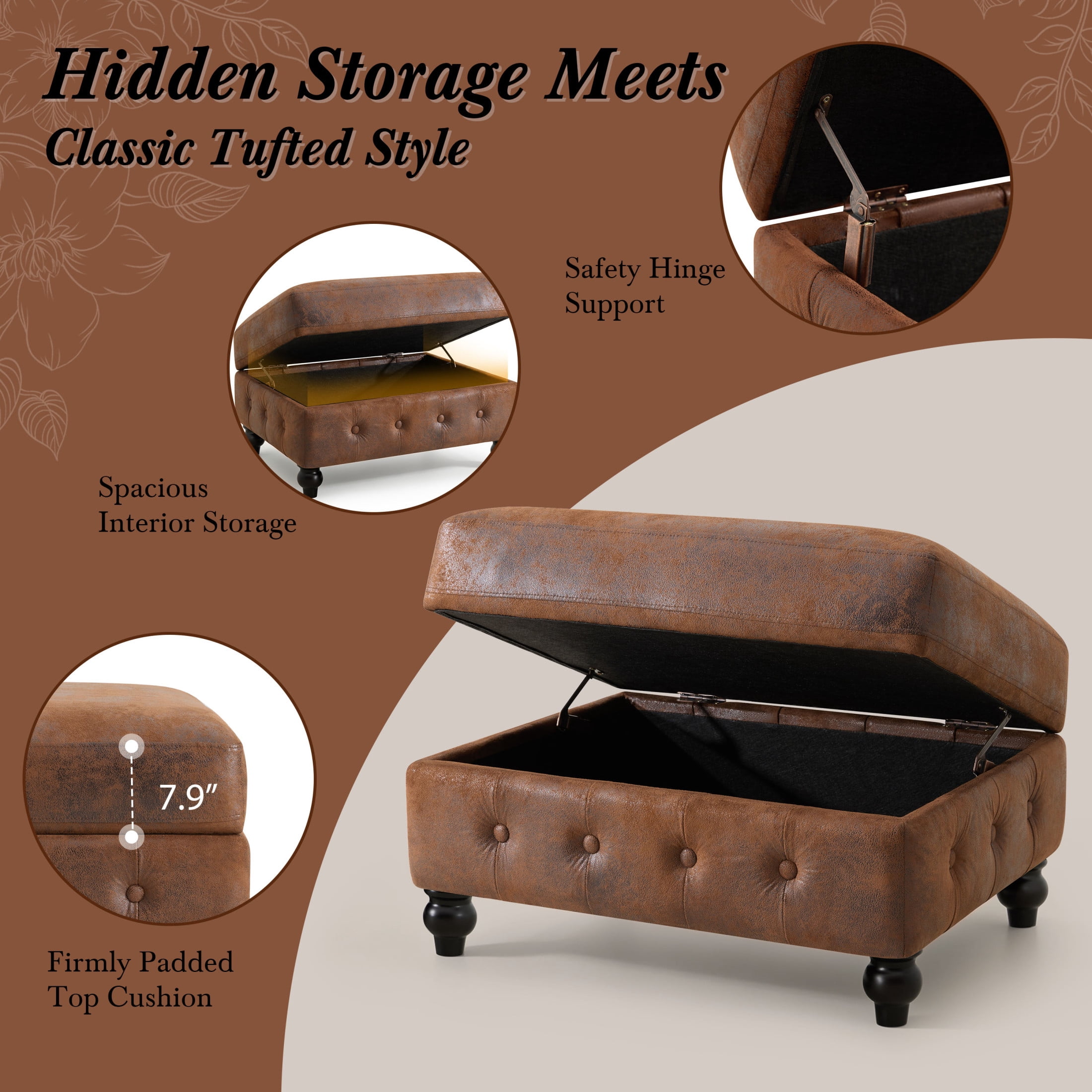 Christopher Knight Home Chesterfield L-Shaped Sofa with Storage Ottoman, Tufted Faux Suede, Brown