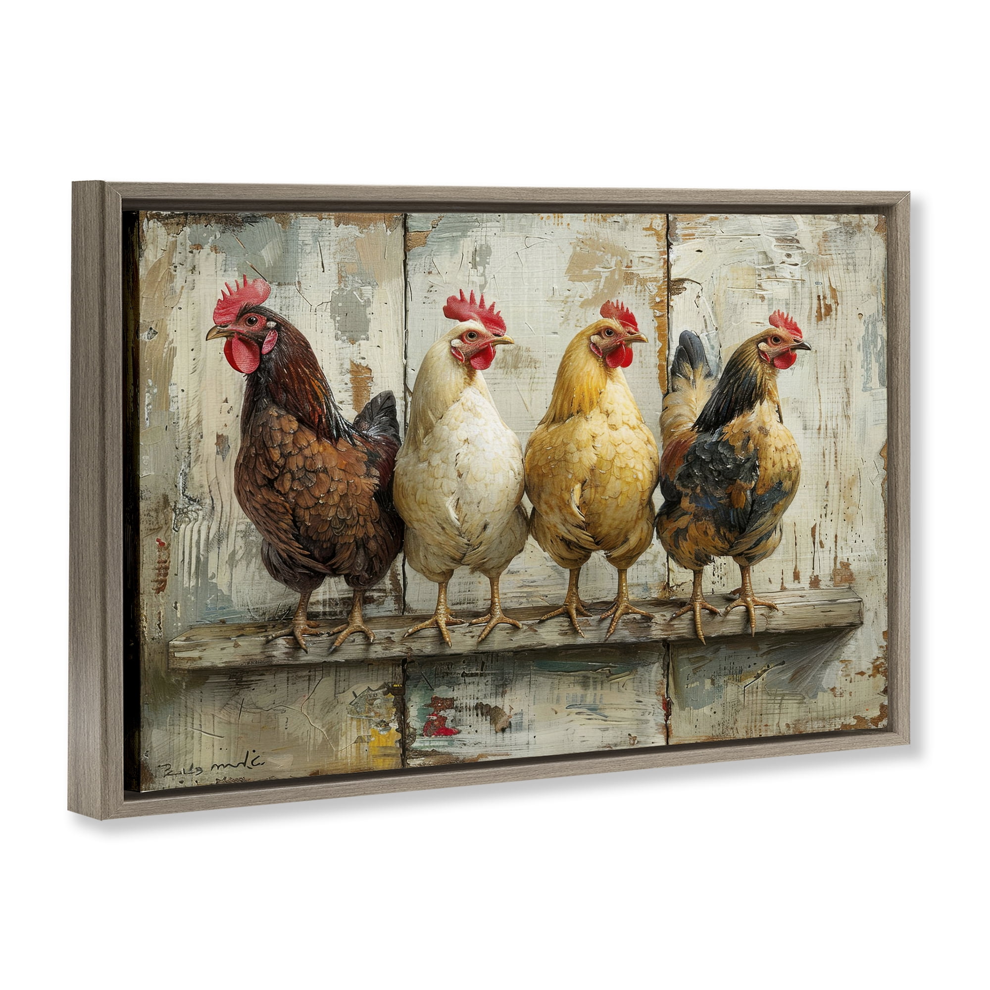 Stupell Industries Chickens In A Row Animals Painting Brown Floater Framed Canvas Art Print Wall Art, 31 x 21