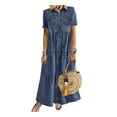 thumbnail image 2 of Walbest Retro Women Denim Dress, Summer Casual Short Sleeve Turn Down Collar Pockets Button Long Loose Dress, 2 of 7
