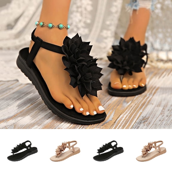 Miluxas Women's Floral Boho Flat Sandals Ankle Strap Thong Toe Dressy Flip Flops Slide Shoes Khaki 9.5(43)
