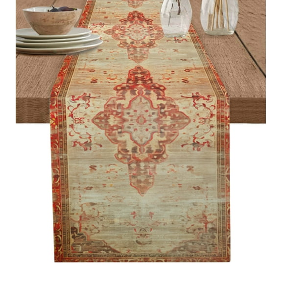 Table Runner 60 Inches Long for Kitchen Dining, Red Beige Dresser Scarf Farmhouse, Dining Table Decorations for Wedding/Parties, Vintage Boho Ethnic Geometric Abstract Art 13 x 60 In