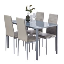 Dining Table Set for 4, ROZHOME 5 Piece Kitchen Table and Chairs with Tempered Glass Table Top and 4 Faux Leather Metal Frame Chairs, Gray