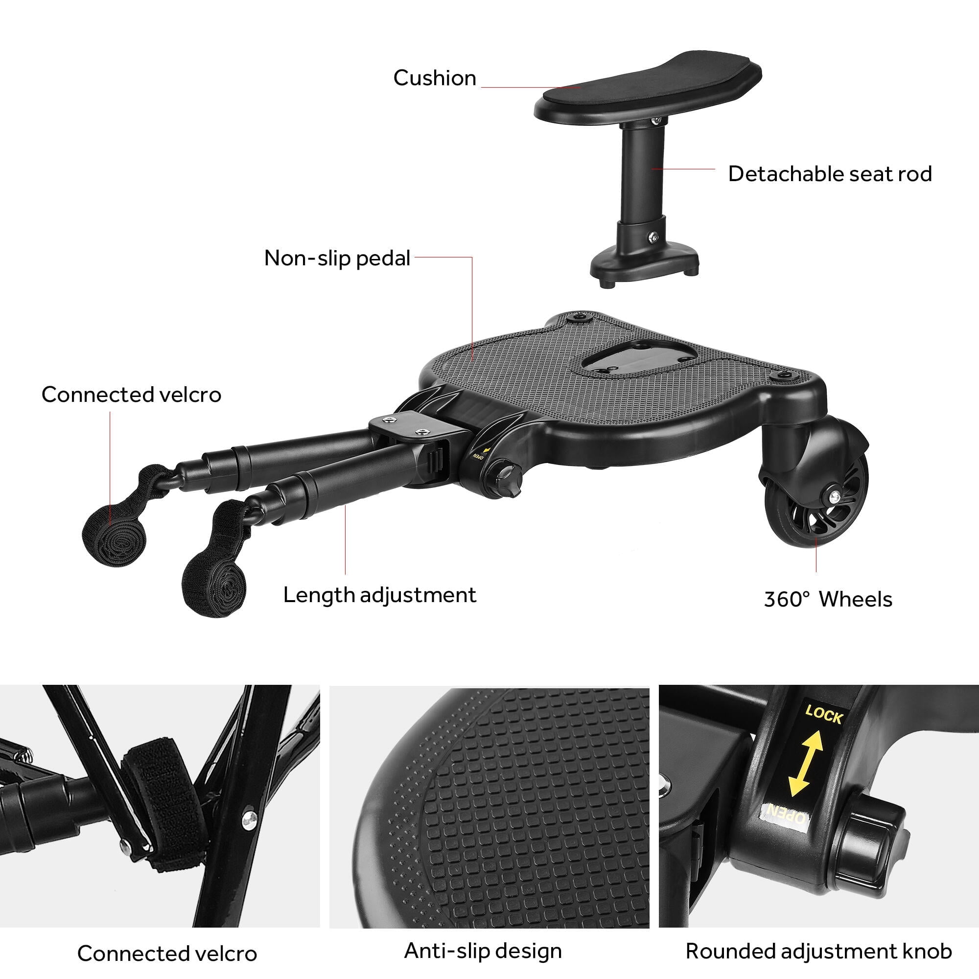 Livingbasics Baby Stroller Board 2 In 1 Stroller Ride Board Adjustable Stroller Glider Board Attachment For Standing Or Sitting Up To 55lbs Black