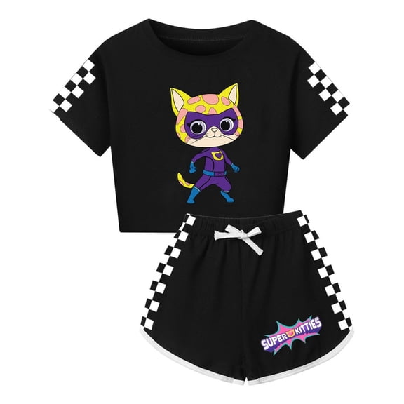 Super Kitties Kids Outfit – Girls Crop Tee and Drawstring Shorts – Lightweight Summer Clothes