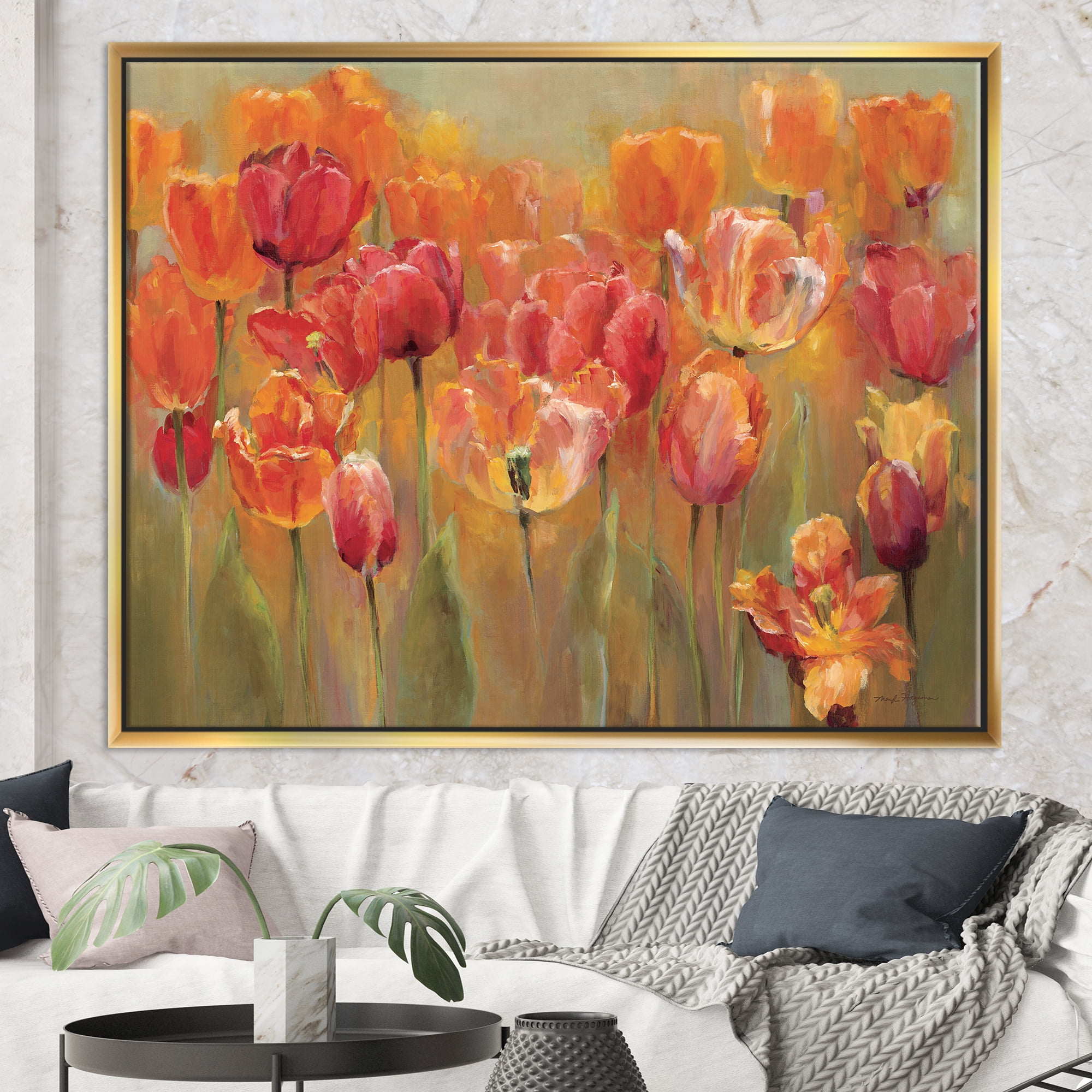 Designart ' Red Handpainted Tulips ' Traditional Framed Canvas